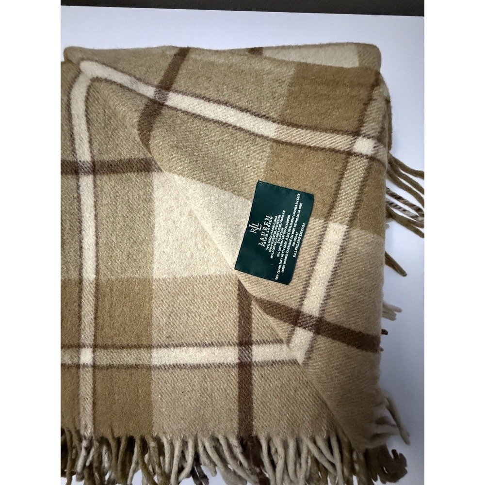 Lauren Ralph Lauren Vintage Wool Blanket Brown Plaid Fringe Camp Cabin 51"x60"